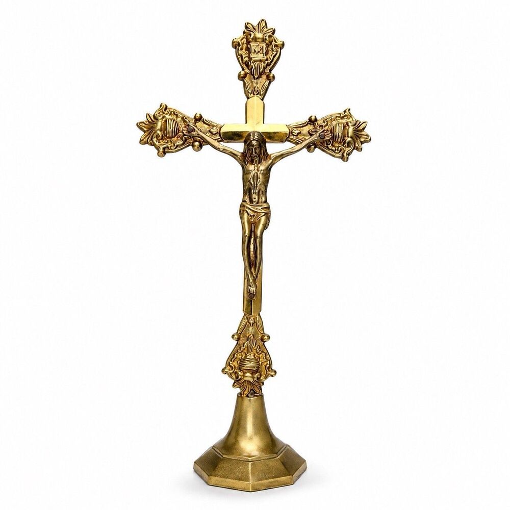 Vintage Standing Brass Altar Cross Crucifix Church Jesus Christ Large 15"